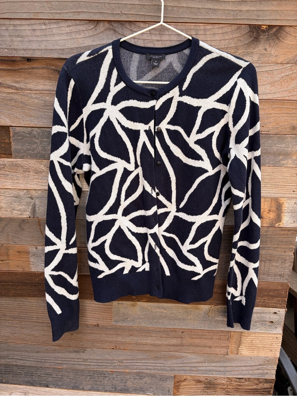 Ann Taylor Navy and White Abstract Leaf Cardigan
